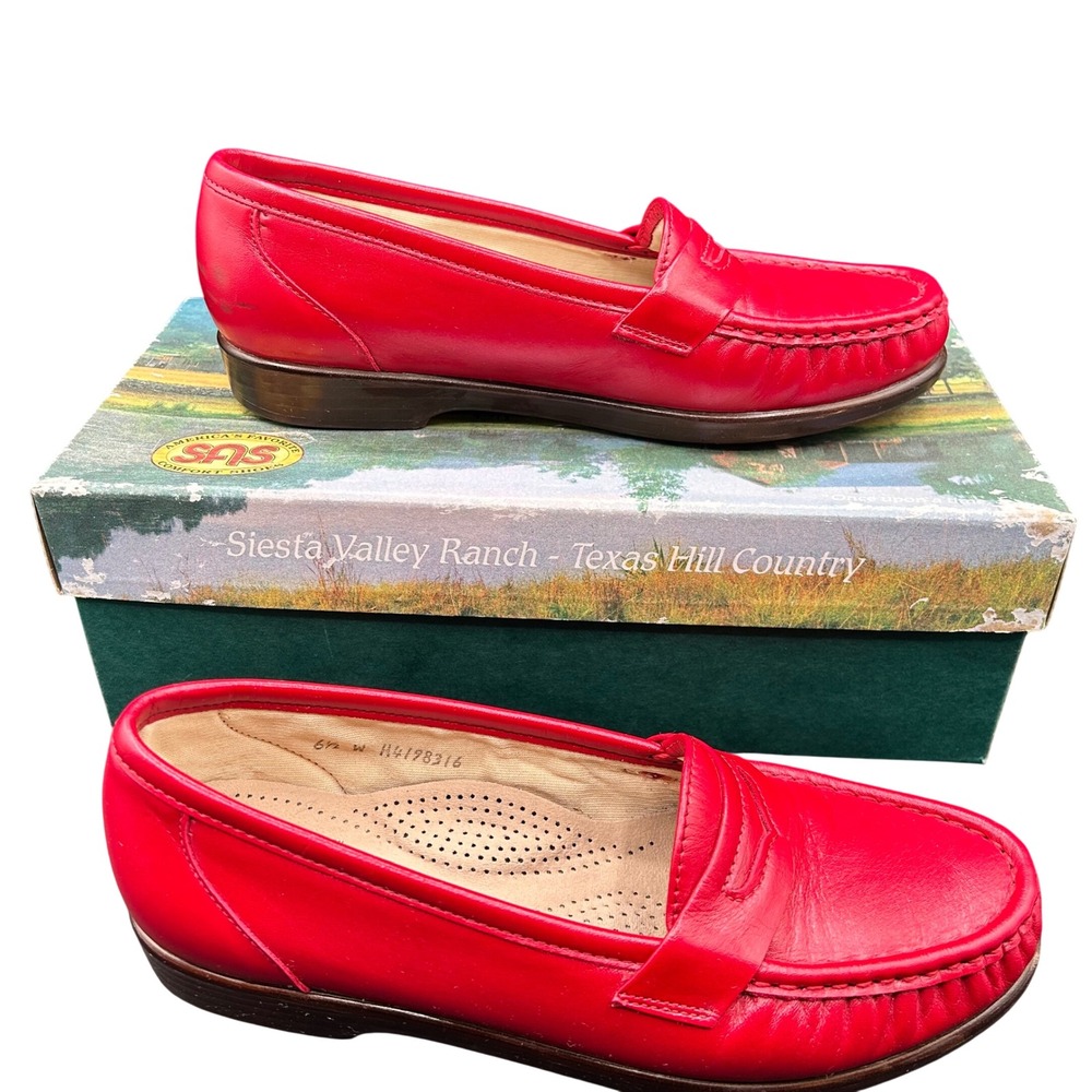 VTG SAS Wink Red Leather Penny Loafers Womens 6.5 W Comfort Shoes Made in USA